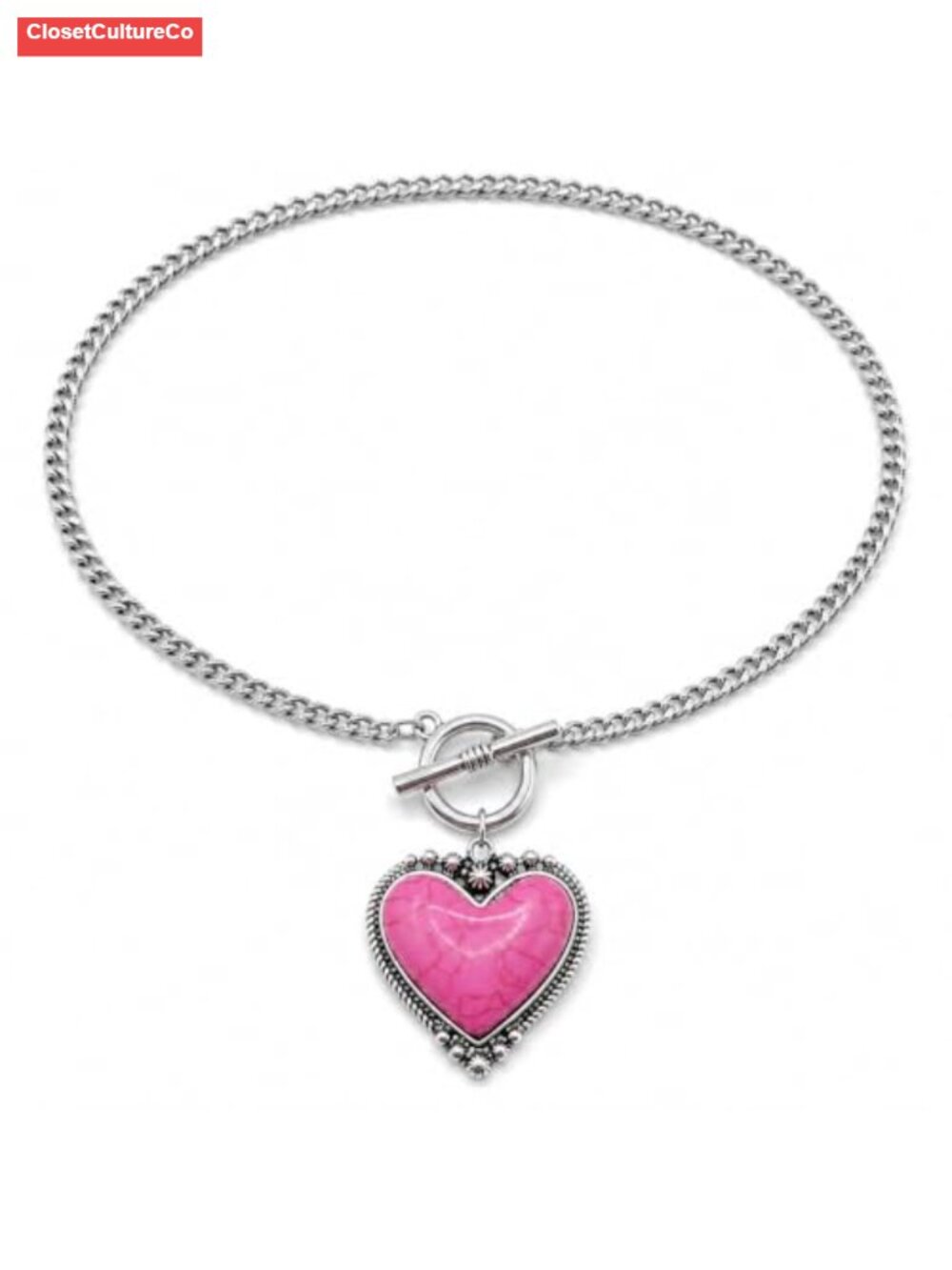 Heart Pendant Necklace Silver Tone Toggle Chain Boho Western Statement